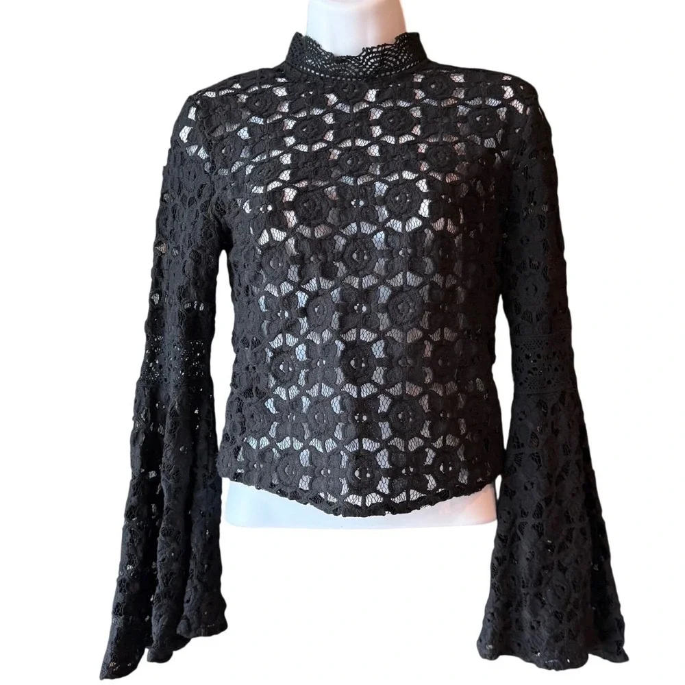 Free People Lace Cutout Bell Sleeve Mock Neck Top Blouse Black Size X-Small